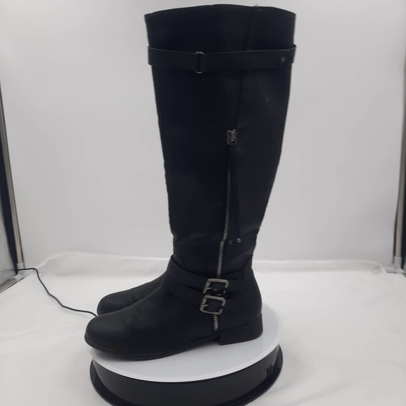 Just Fab Ardera Black Faux Leather, Buckle Straps Inside zip knee high boots 7 - Picture 2 of 9